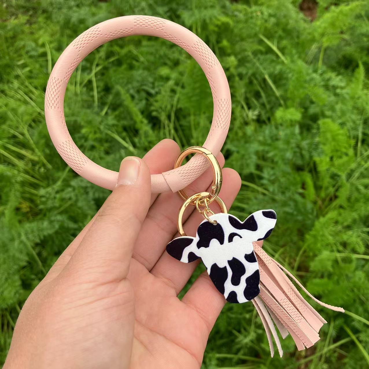 Wholesale Western Style Leopard Print Cow Print Cactus Leather Wristlet Keychain ACC-KC-QiuXue003