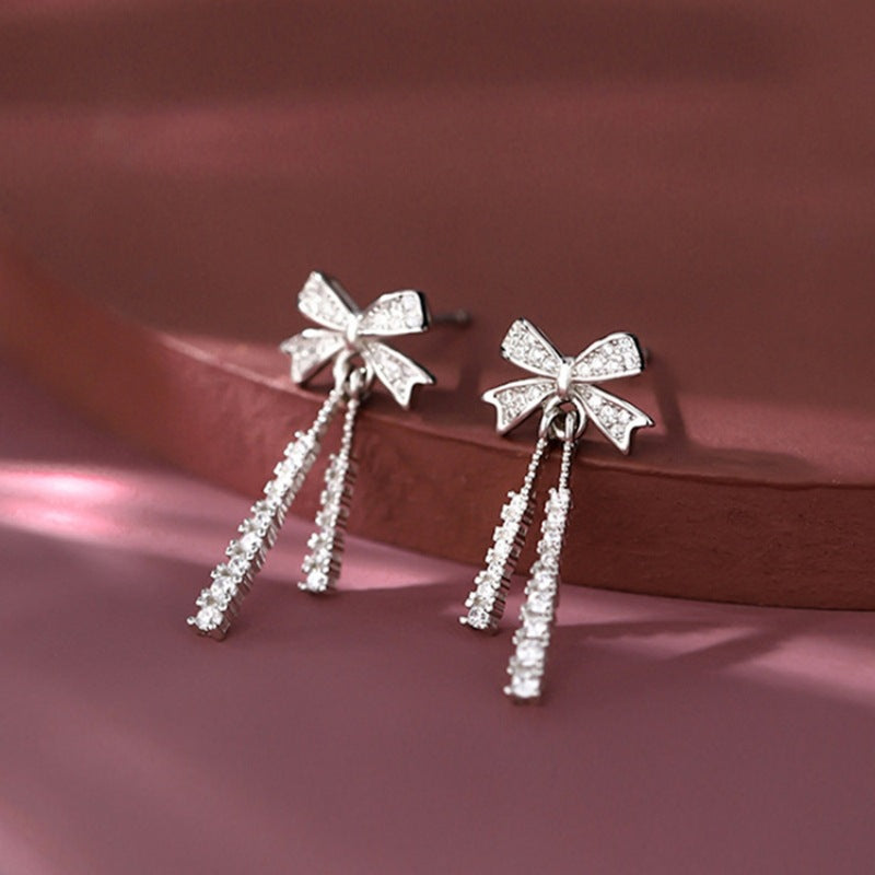 Wholesale  S925 Sterling Silver Short Bow Micro-inlay Tassel Earrings