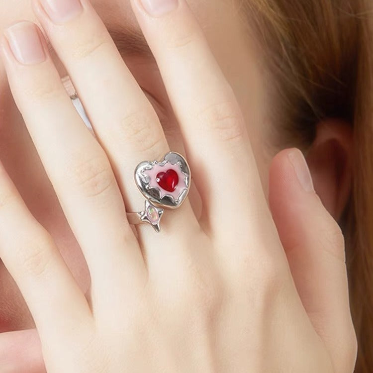 Wholesale Red Heart Diamond Pink Oil Dripping Opening Adjustable Ring