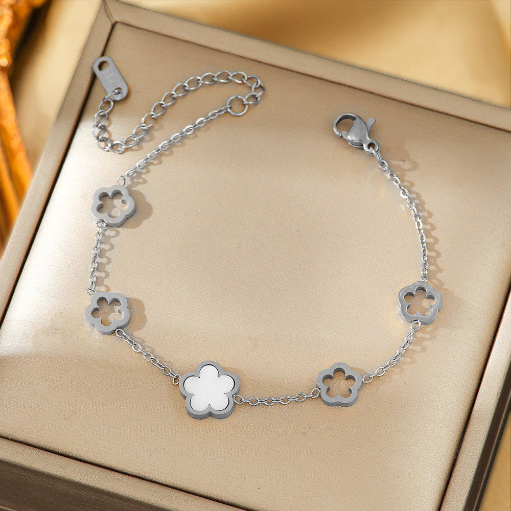 Wholesale Korean Fashion White Shell Five-Leaf Flower Hollow Bracelet Titanium Steel Jewelry Accessory