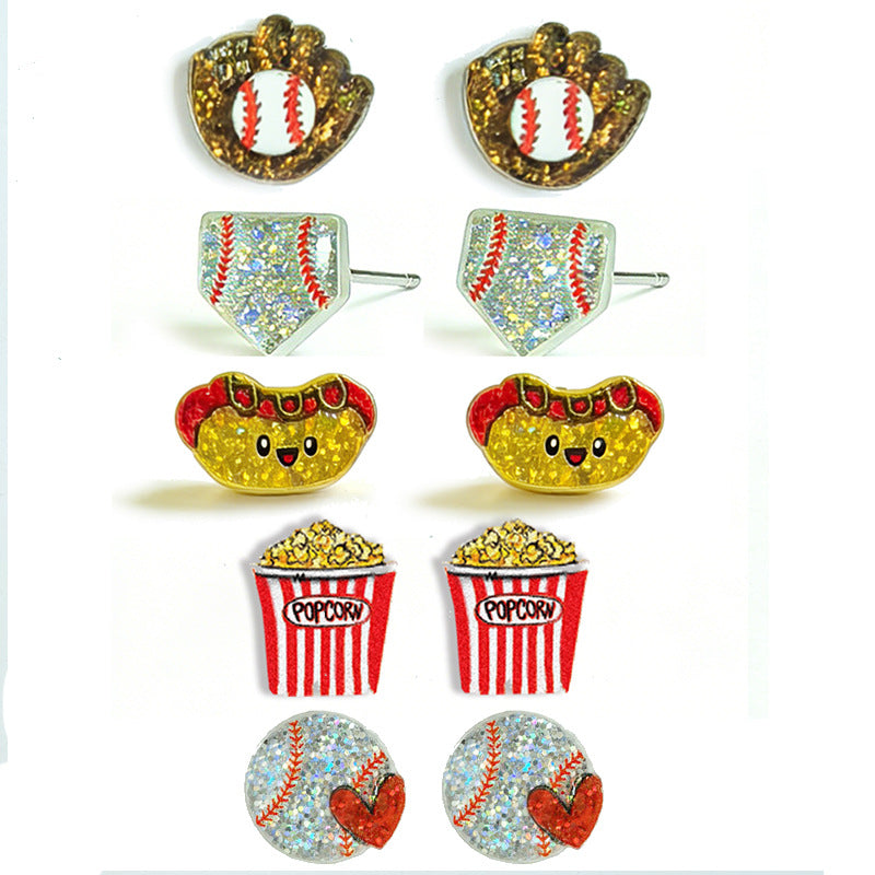 Wholesale 2 Pairs Sparkling  Acrylic  Baseball Hot Dog Popcorn Baseball Glove Earrings