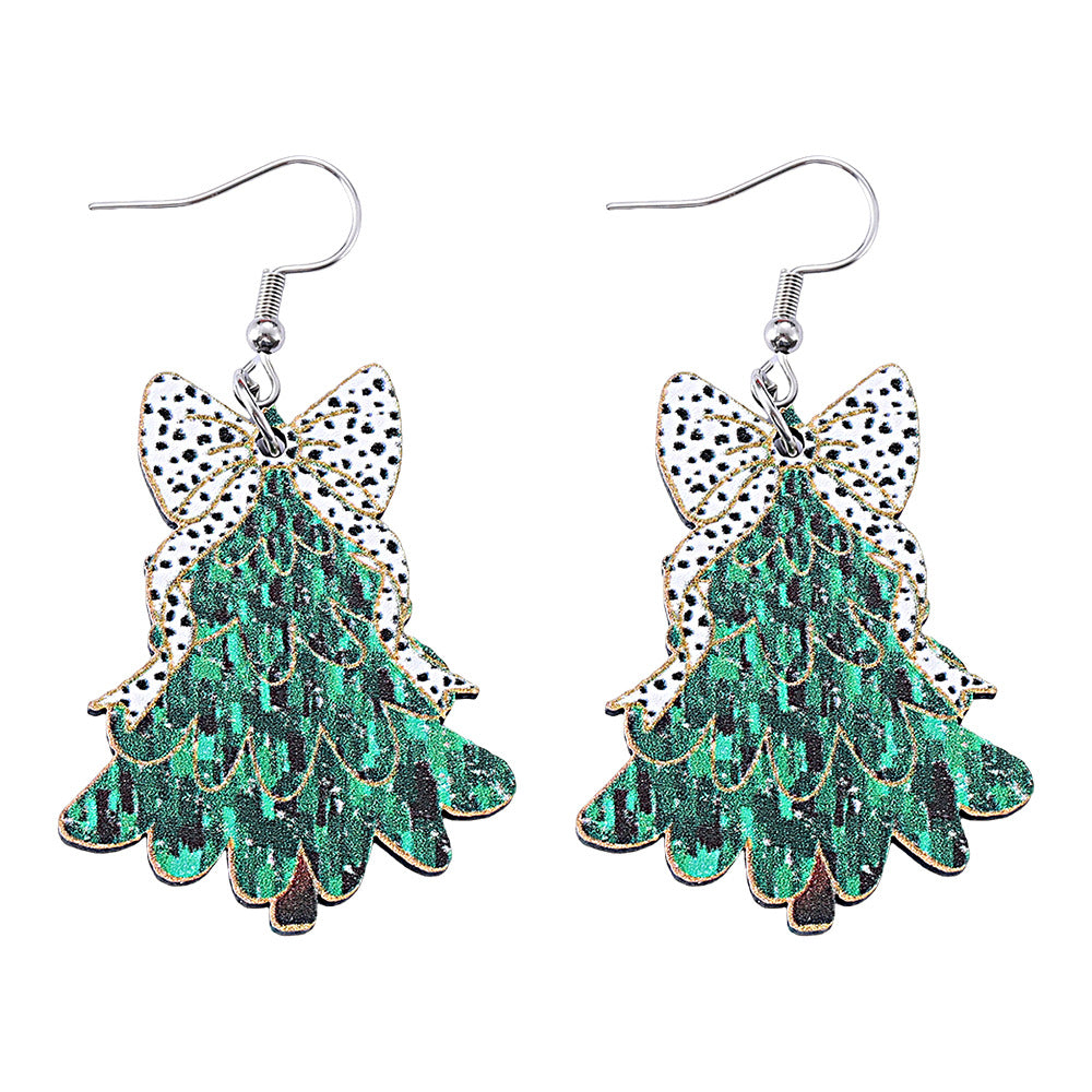Wholesale Christmas cow pattern bow Christmas tree pendant earrings wooden
