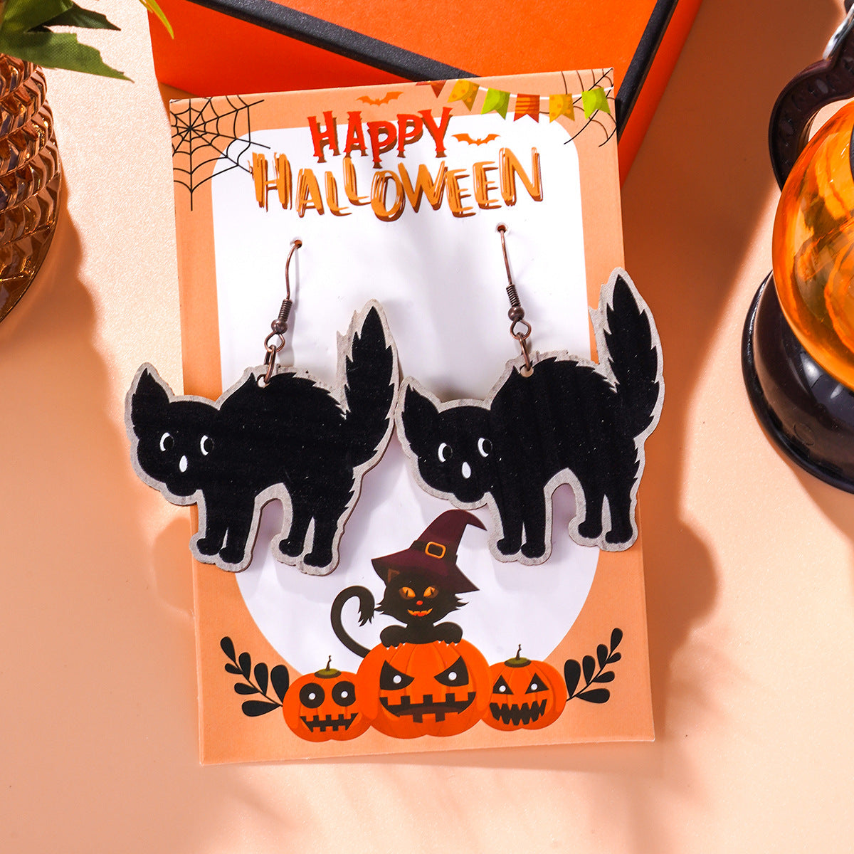 Wholesale Halloween Cartoon Wood Pumpkin Spider Kitten Earrings ACC-ES-Ditong004