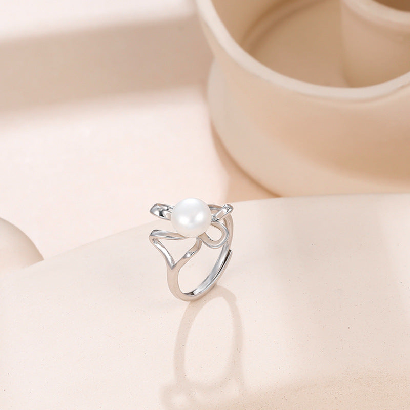 Wholesale S925 Sterling Silver Pearl Ring  Adjustable Open Finger Ring