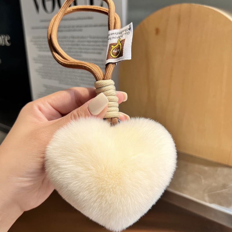 Wholesale Cute Real Rex Rabbit Hair Love Hand Rope wristlet keychain