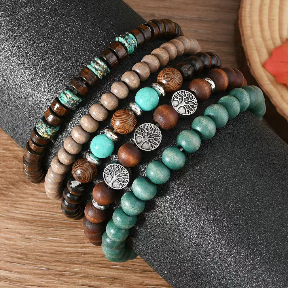Wholesale 5 Piece Men S Tree Of Life Wood Bead Bracelet Set Elastic Fashion Jewelry Accessory For Boutique Resale Gift
