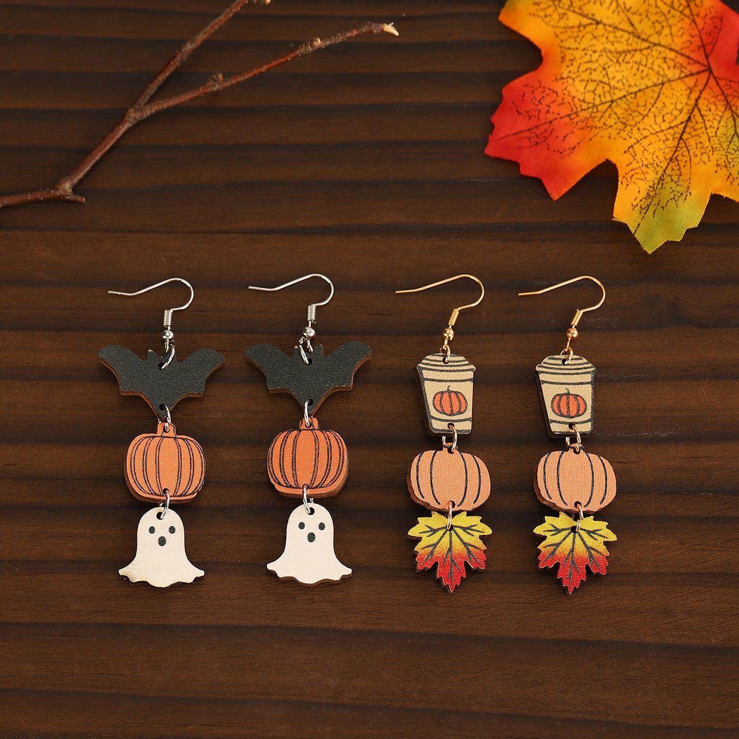 Wholesale Wooden  Earrings Funny Pumpkin Maple Leaf Ghost Design Party Wear Fashion Accessory