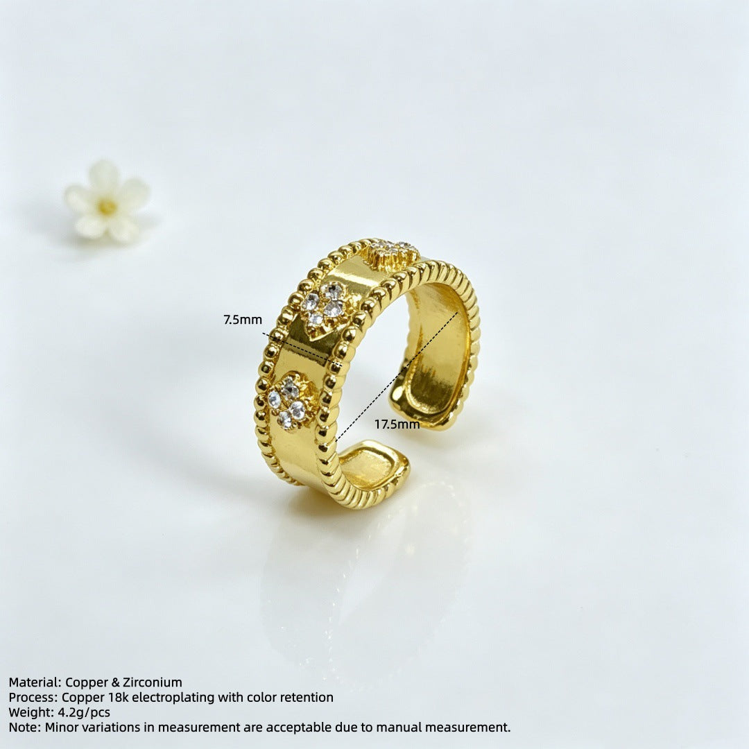 Wholesale 18K Gold Plated Brass Vintage Four Leaf Clover Flower Open Ring Adjustable Unisex Ring Fashion Accessory Boutique Resale Gift