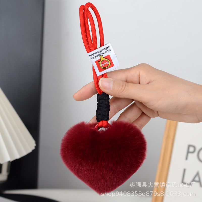 Wholesale Cute Real Rex Rabbit Hair Love Hand Rope wristlet keychain