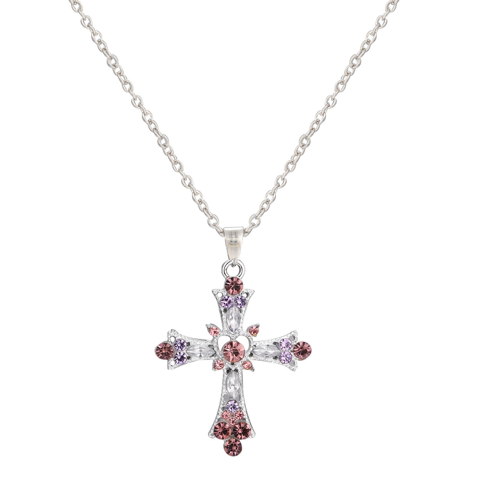 Wholesale Zinc Alloy Electroplated Pink Cross Pendant Necklace,  Gothic Y2K Layering Choker,  Trendy Jewelry Accessory for Women