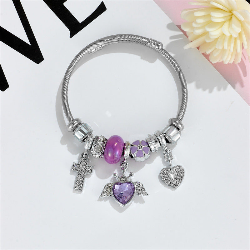 Wholesale Heart Shape Crystal Cross Rhinestone Beaded Stainless Steel Bracelet ACC-BT-QingLian003