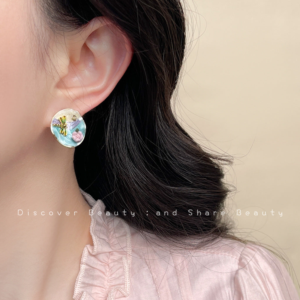 Wholesale French retro Vintage purple oil-drop flower earrings