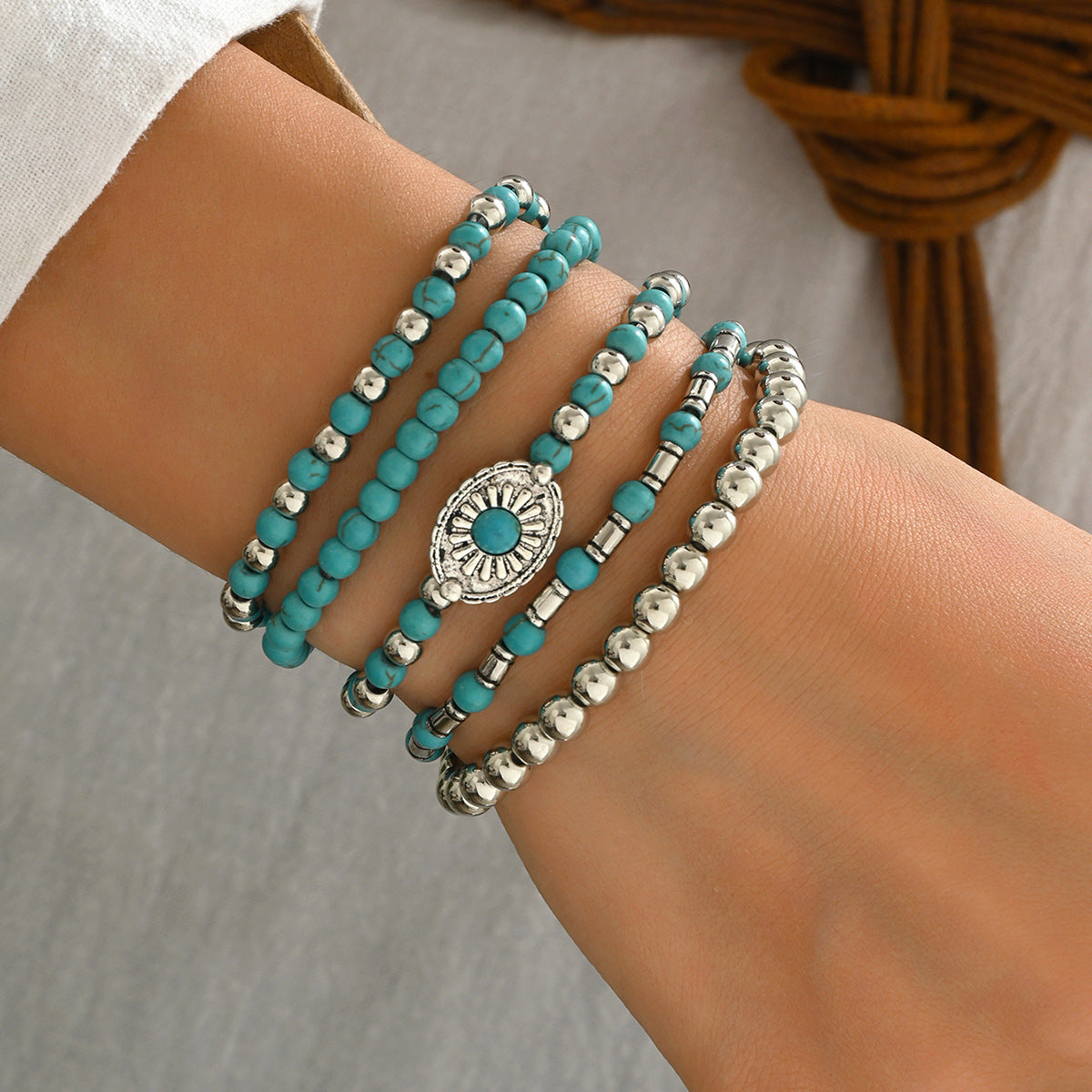 Wholesale Retro Cowboy Turquoise Bracelet Set Women S Handmade Engraved Metal Jewelry 5 Piece Gift Everyday Wear