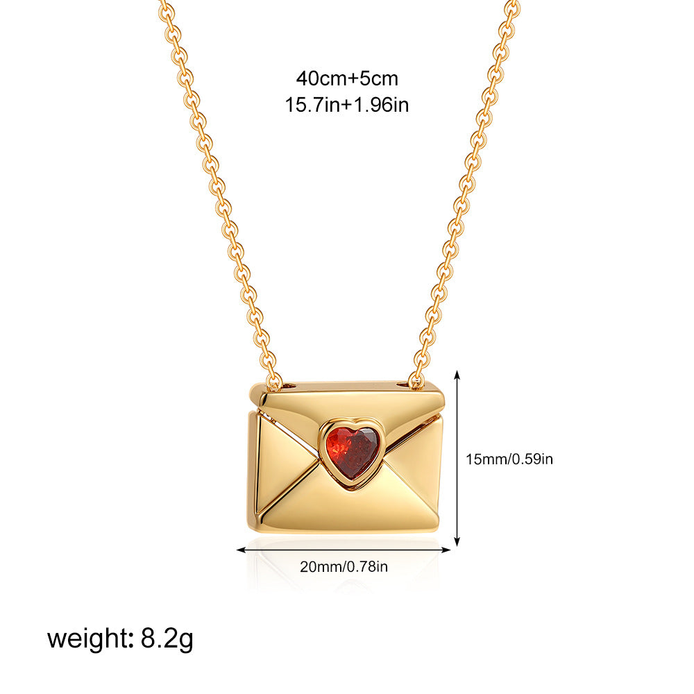 Wholesale 18K Gold Valentine's Day Red Zircon Love Envelope Box Pendant Open Photo Necklace