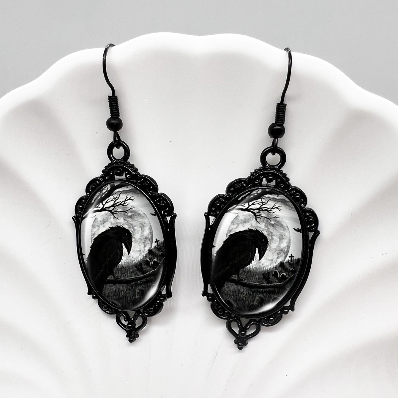 Wholesale Black Crow Skull Oval Lace Earrings