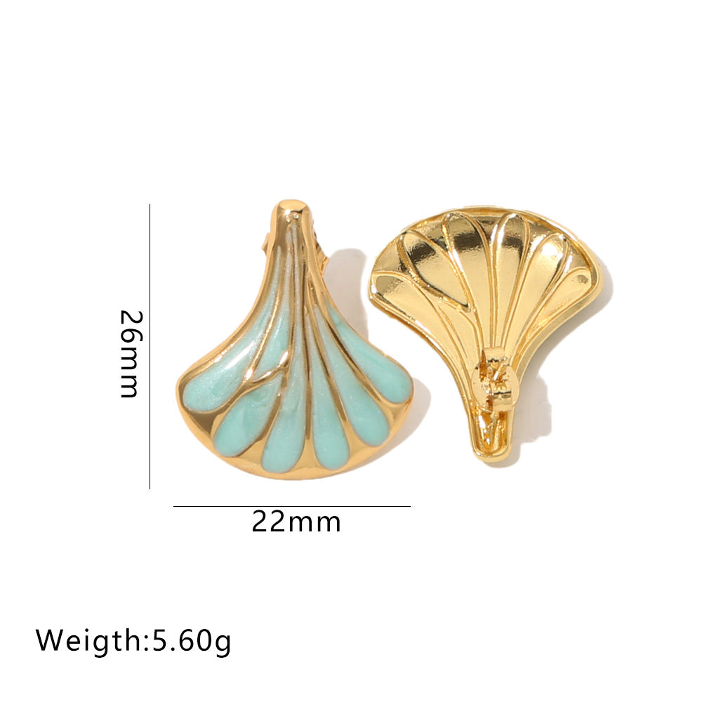 Wholesale Chic Ginkgo Leaf Fan-Shape Earrings Stainless Steel Drop Oil Vintage Gold Fashion Accessory