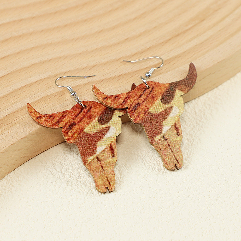 Wholesale Vintage Western Farm Cross Cactus Cow Head Wood Earrings