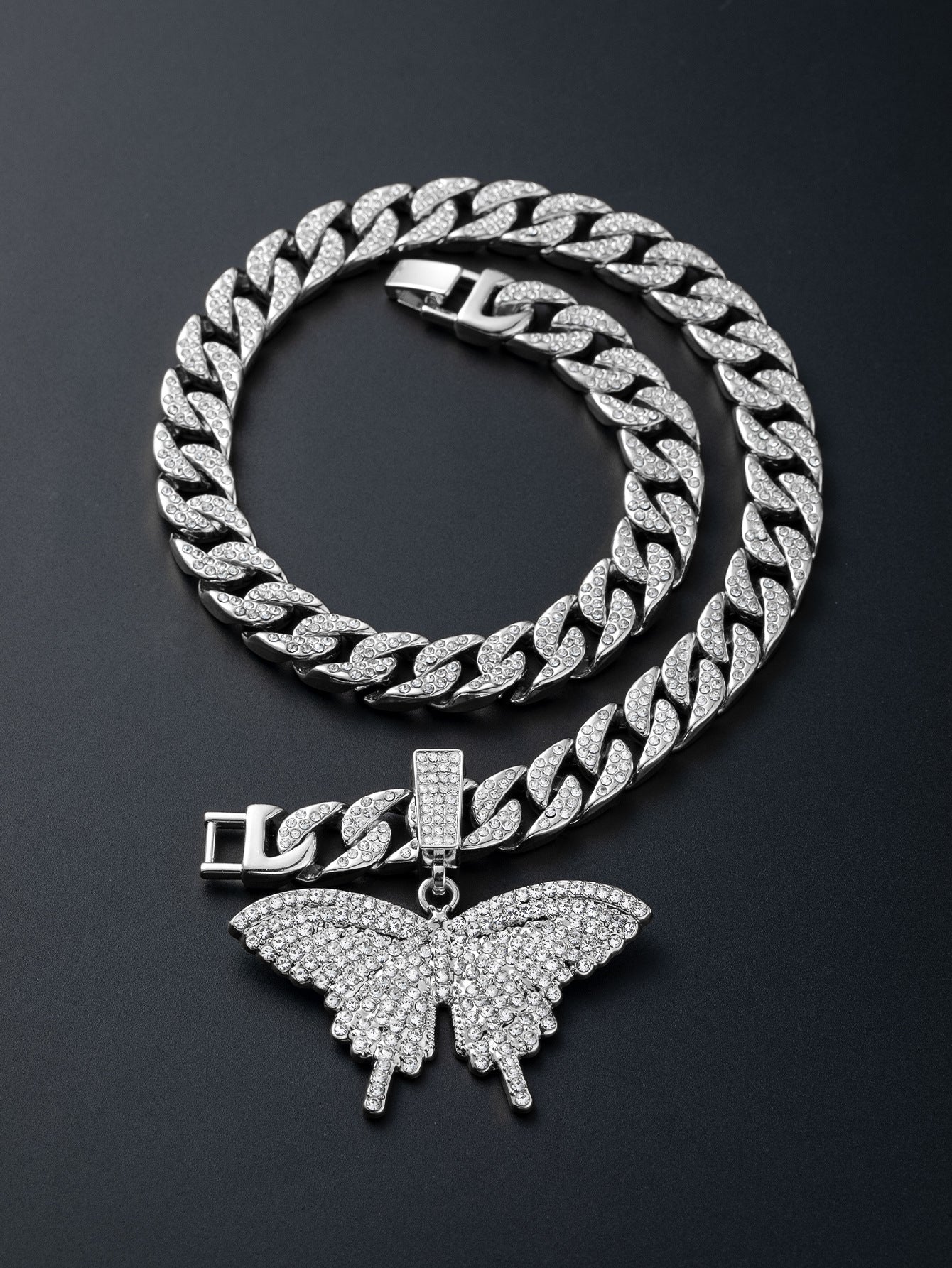 Wholesale Diamond Finish Alloy Butterfly Cuban Necklace - Fashion Jewelry Accessory,  Gift or Resale Boutique
