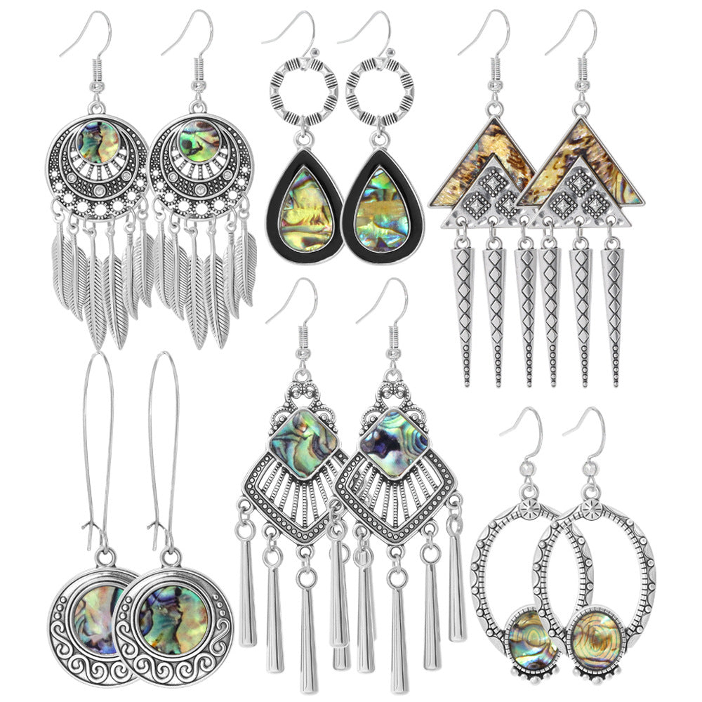 Wholesale Ethnic Style Zinc Alloy Abalone Shell Tassel Earrings for Women Long Exotic Fashion Accessory Boutique Resale
