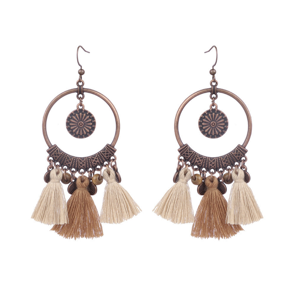 Wholesale Bohemian Wooden Earrings Tassel Bell Pendant Triangle Design Fashion Jewelry Accessory