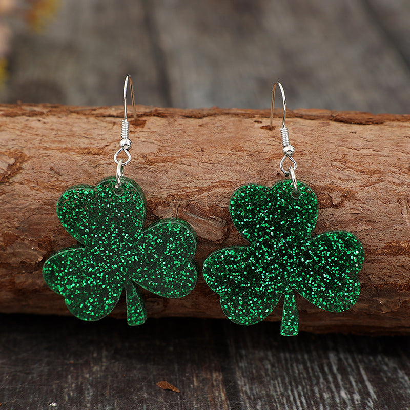 Wholesale Trendy Sequin Clover Acrylic Earrings for St.  Patrick' s Day Jewelry Gift