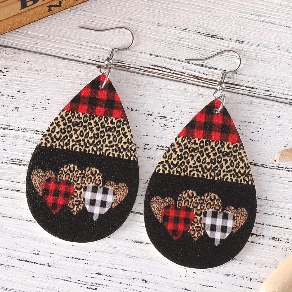 Wholesale PU leather Valentine' s Day checkered letter leopard print heart earrings