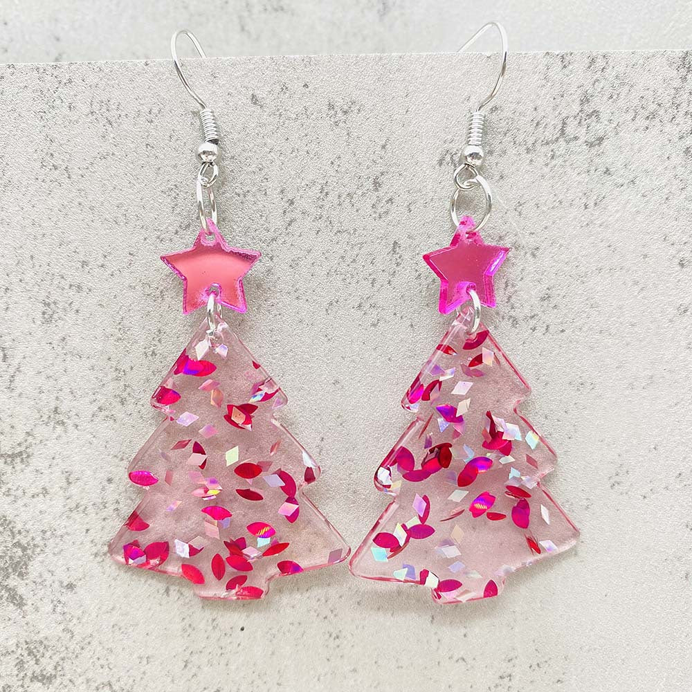 Wholesale Christmas Pink Christmas Tree Five-pointed Star Acrylic Earrings ACC-ES-ChenY071