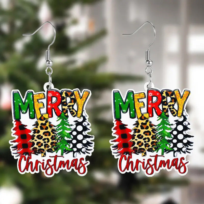 Wholesale  creative Christmas earrings leopard Plaid spot Christmas tree earrings
