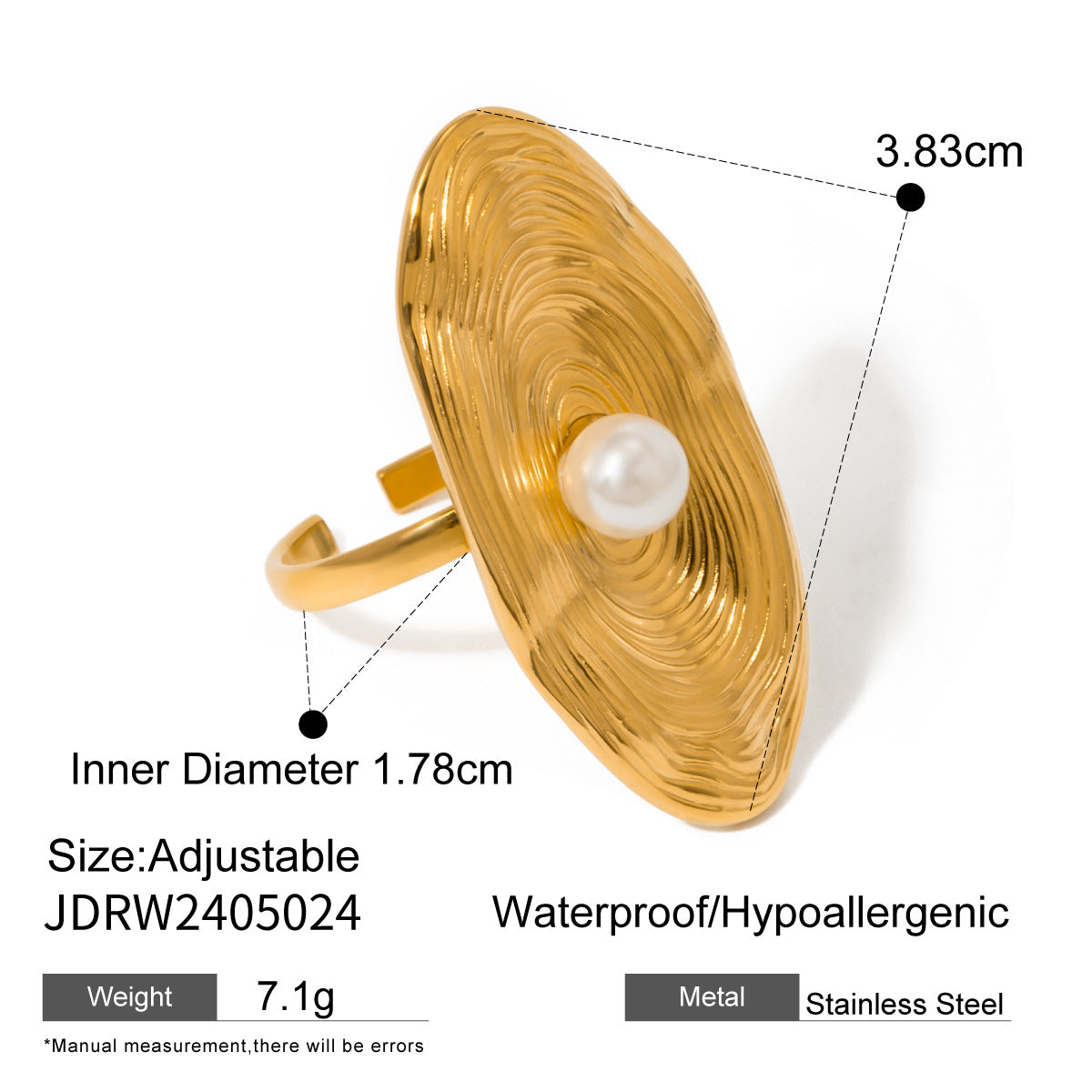 Wholesale  18K gold stainless steel oval pearl opening ring