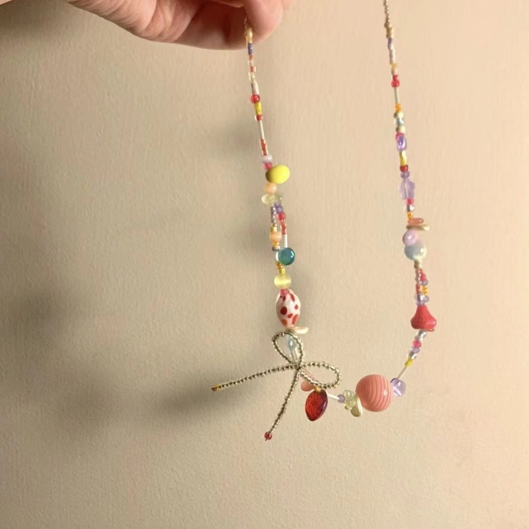 Wholesale Strawberry bubble summer dopamine bow red heart sweet colorful beaded necklace