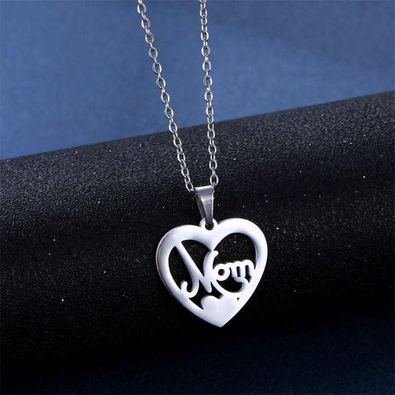 Wholesale Titanium Steel Heart Shape MOM Pendant Stainless Steel Earrings Necklace Set Mother's Day ACC-ES-MinM023