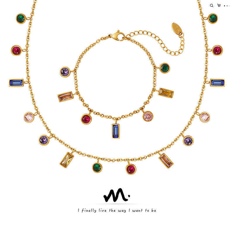 Wholesale Multi Color Zircon Tassel Necklace and Titanium Steel Bracelet Set Fashion Accessory for Party