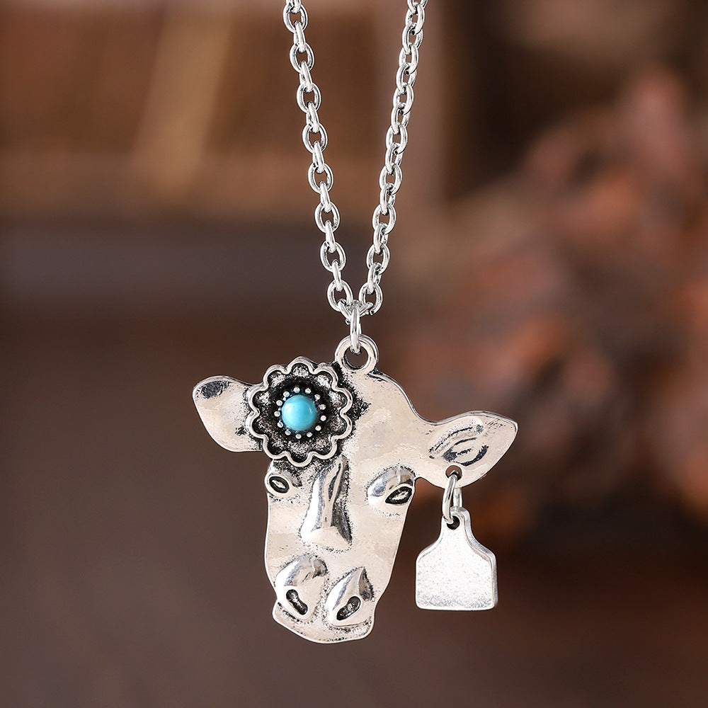 Wholesale Bohemian-style bull skull pendant necklace;  turquoise inlay;  premium vintage-style piece