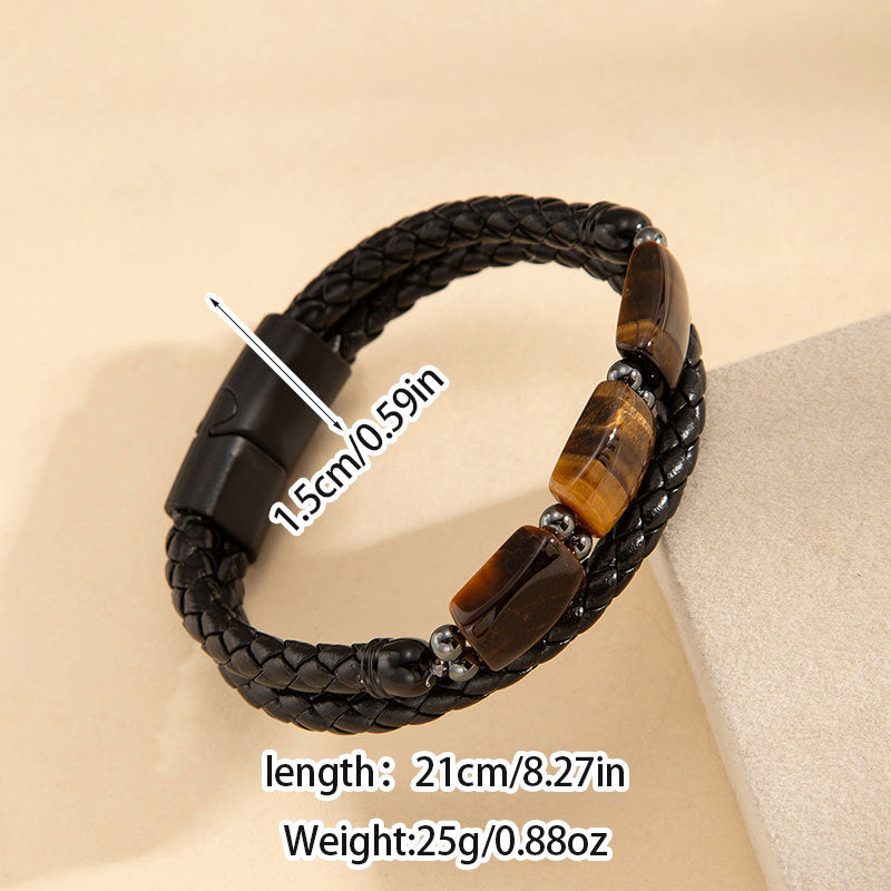 Wholesale Men S Multi Layer Leather Rope Bracelet With Tiger Eye Stone Beads And Magnetic Clasp Trendy Everyday Wear