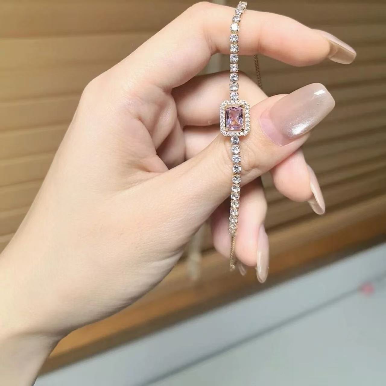 Wholesale Fashion Slide Bracelet with Pink Square Zircon,  Alloy,  Trendy Jewelry Accessory for Women