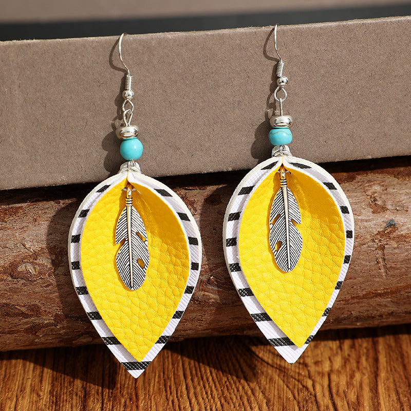 Wholesale Bohemian-Style Bright Yellow Color-Block Striped Leather Earrings
