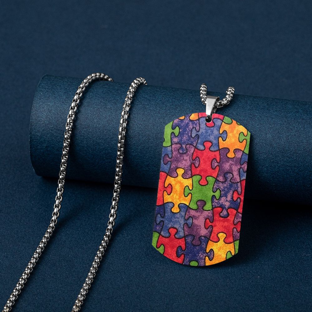 Wholesale Autism Puzzle Color Printed Pendant Stainless Steel Necklace ACC-NE-HuanYu001