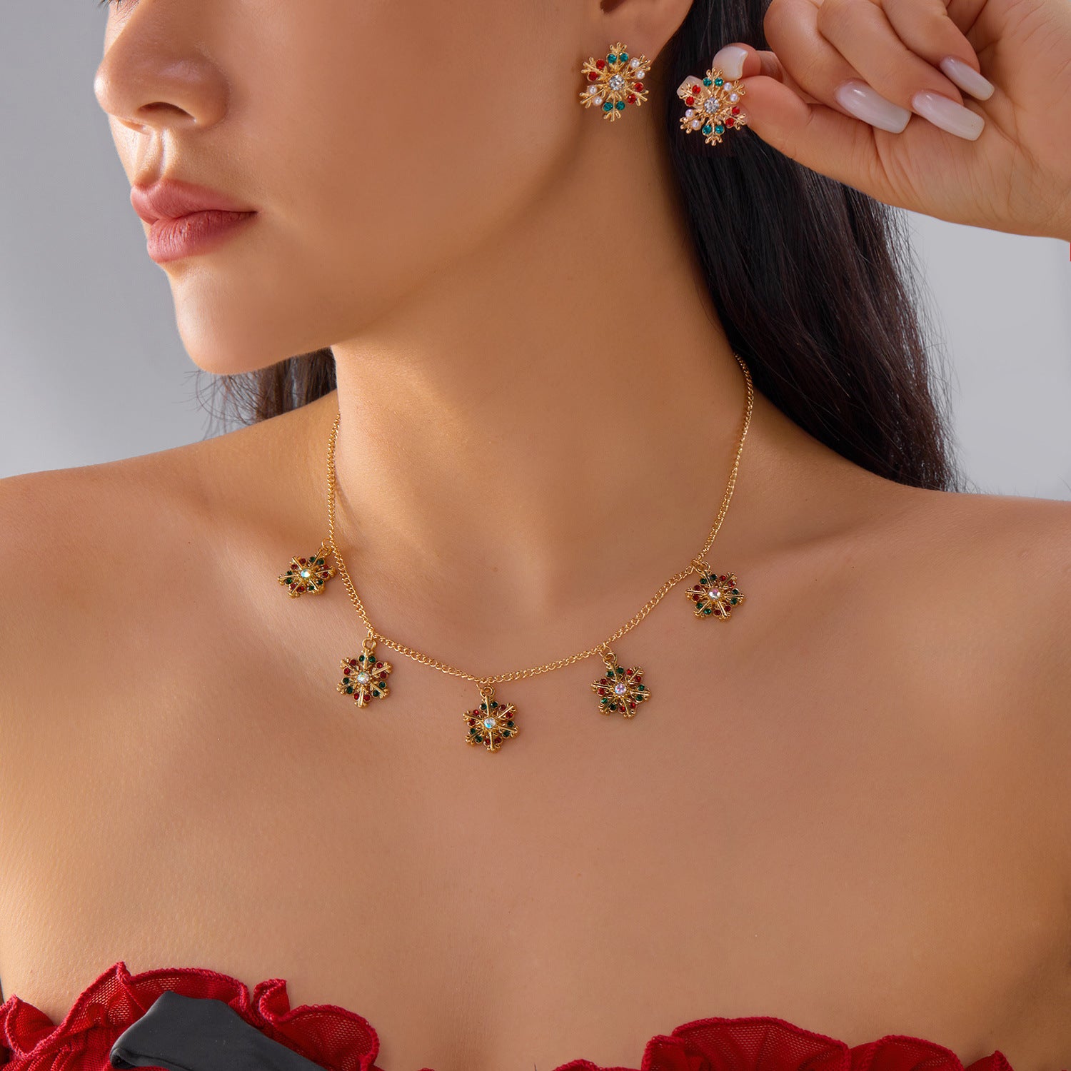 Wholesale Christmas Snowflake Pearl Winter Christmas Snowflake Necklace Earring Set