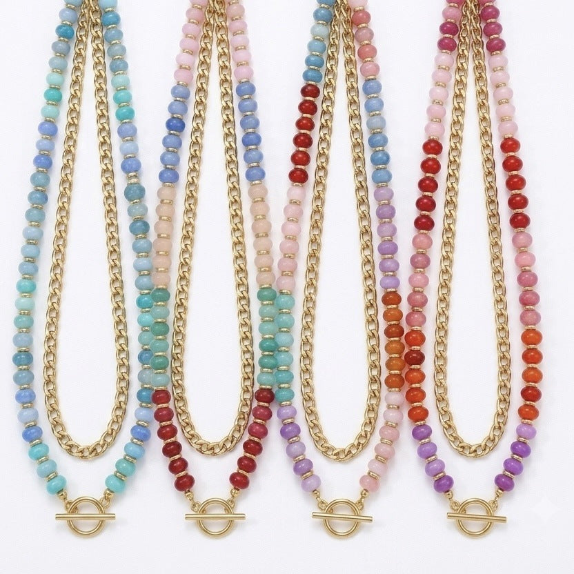 Wholesale Stainless Steel Cuban Chain Necklace Double Layer Natural Stone Abacus Beads Dopamine Style Jewelry Accessory For Women Boutique Gift