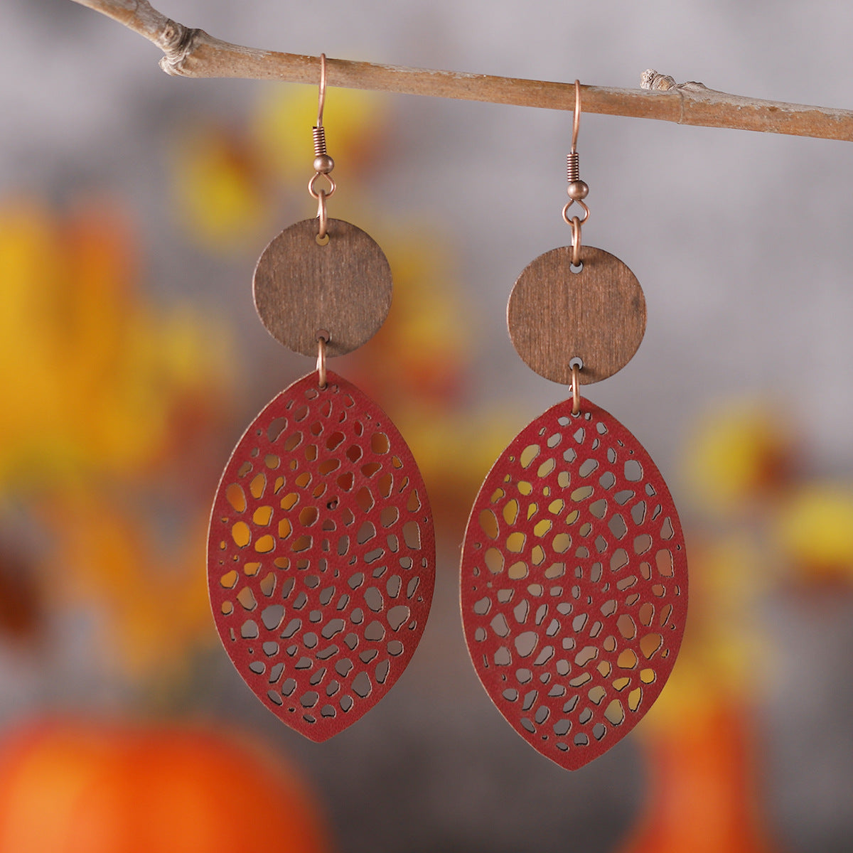 Wholesale  hollow oval wood combination leather earrings