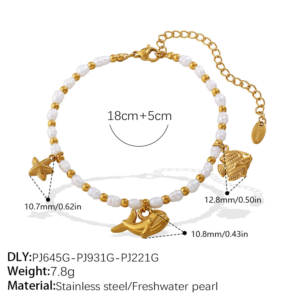Wholesale  Fashion Creative Ocean Theme Freshwater Pearl DIY Dolphin Pendant Bracelet Plated with 18K Gold Niche Jewelry for Women