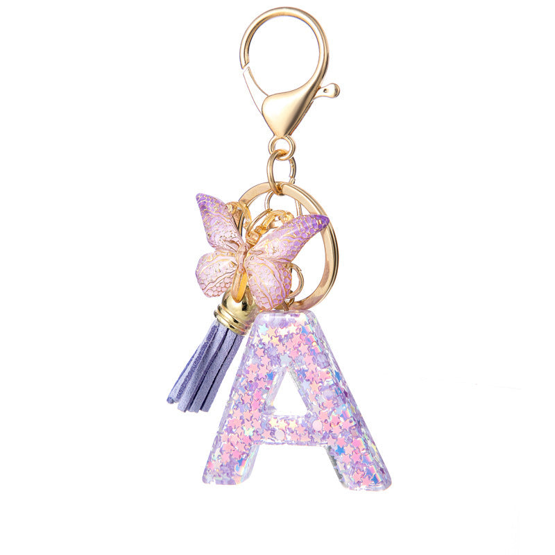 Wholesale Purple Star Tassel Resin Keychain 26 English Letters Bag Charm For Women Students Fashion Decorative Accessory