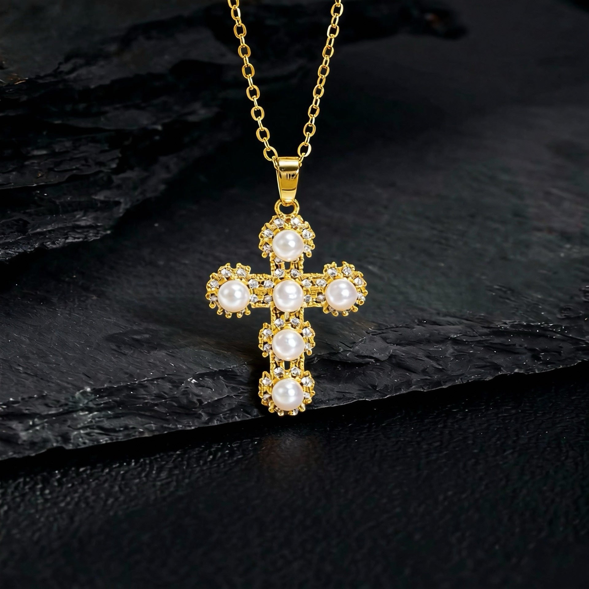 Wholesale Copper Cross Pendant Necklace With Micro Set Zircon And Pearl Chic Fashion Jewelry Accessory Gift For Women Boutique Resale