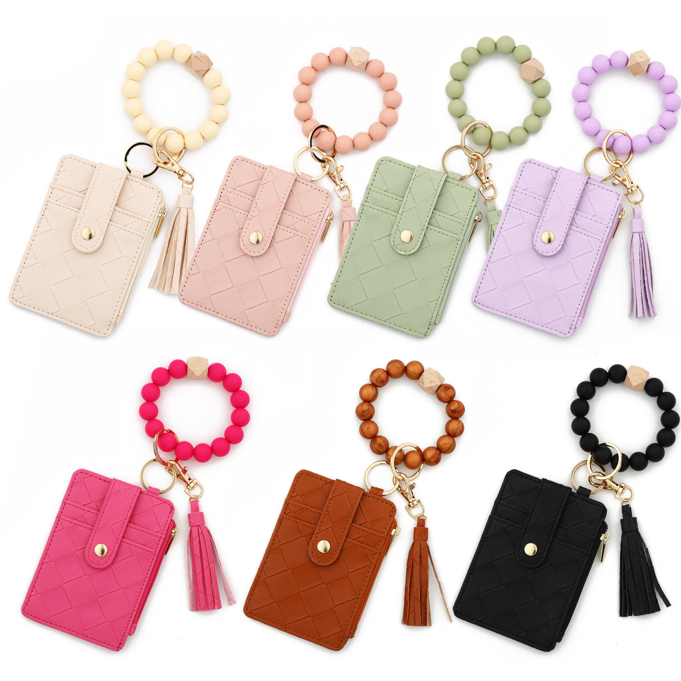 Wholesale  PU Leather Wallet Woven Silicone Bead Wristlet Keychain