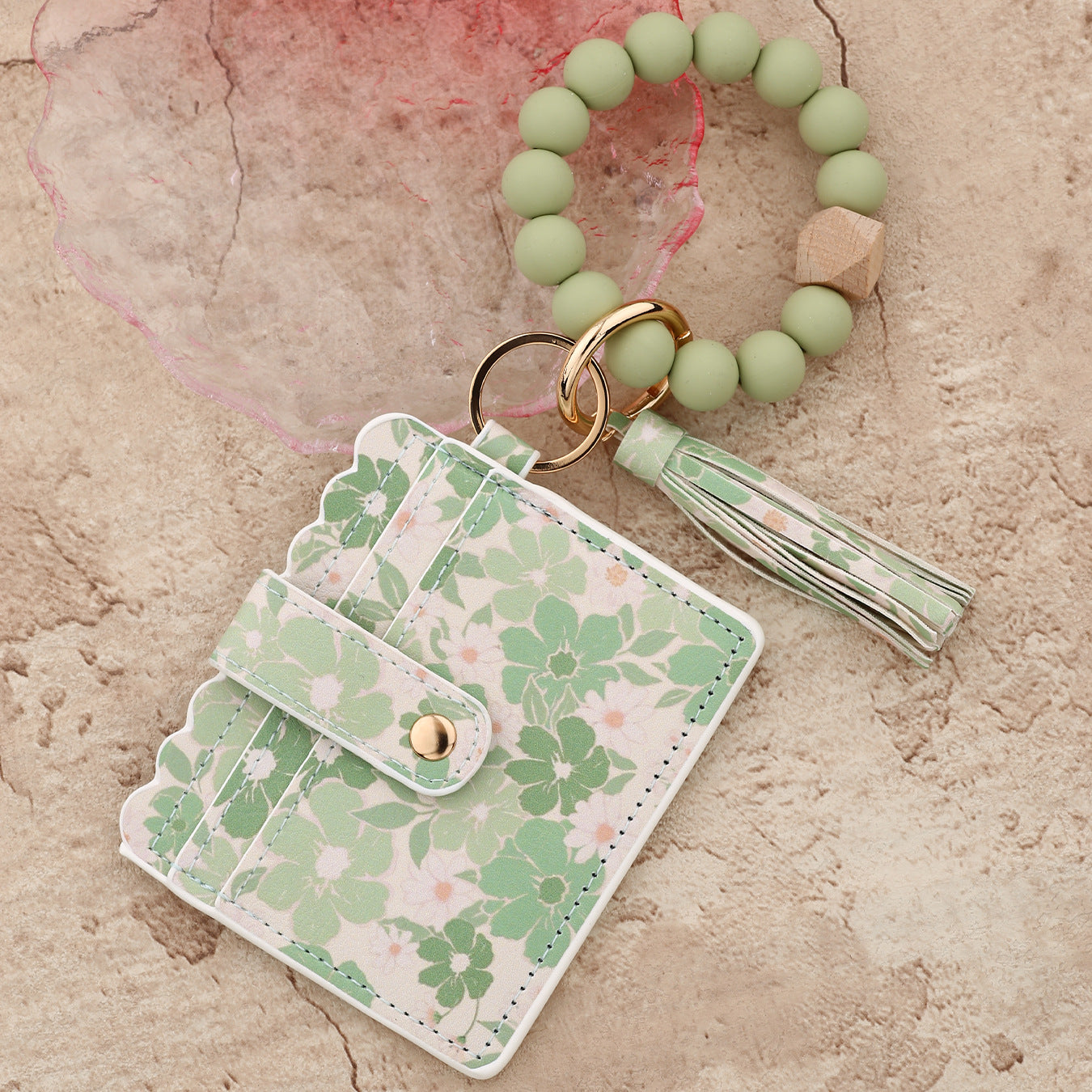 Wholesale silicone bead bracelet pink card holder Wristlet Keychain