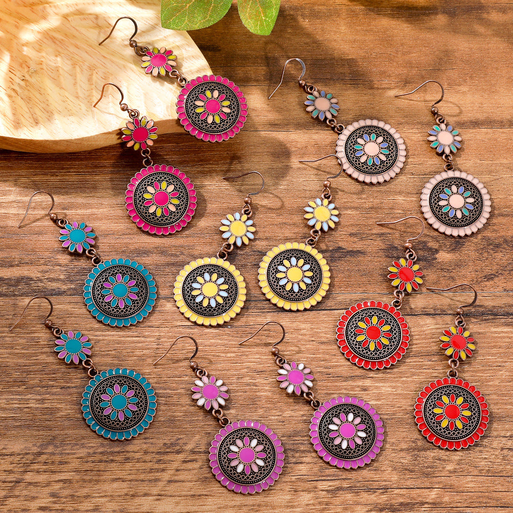 Wholesale Retro Sunflower Oil Drip Earrings - Zinc Alloy Jewelry Accessory for Party