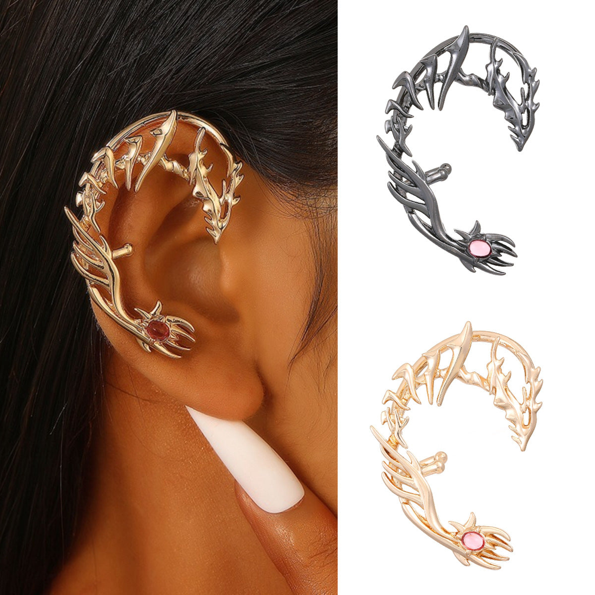 Wholesale Dragon Ear Cuff Clip On Earrings For Women Punk Style Non Pierced Zircon Ancient Silver Stylish Jewelry Gift
