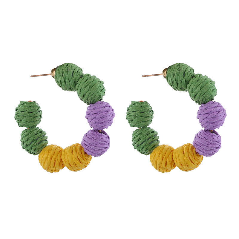 Wholesale carnival handmade braided earrings purple yellow green tricolor beaded long earrings