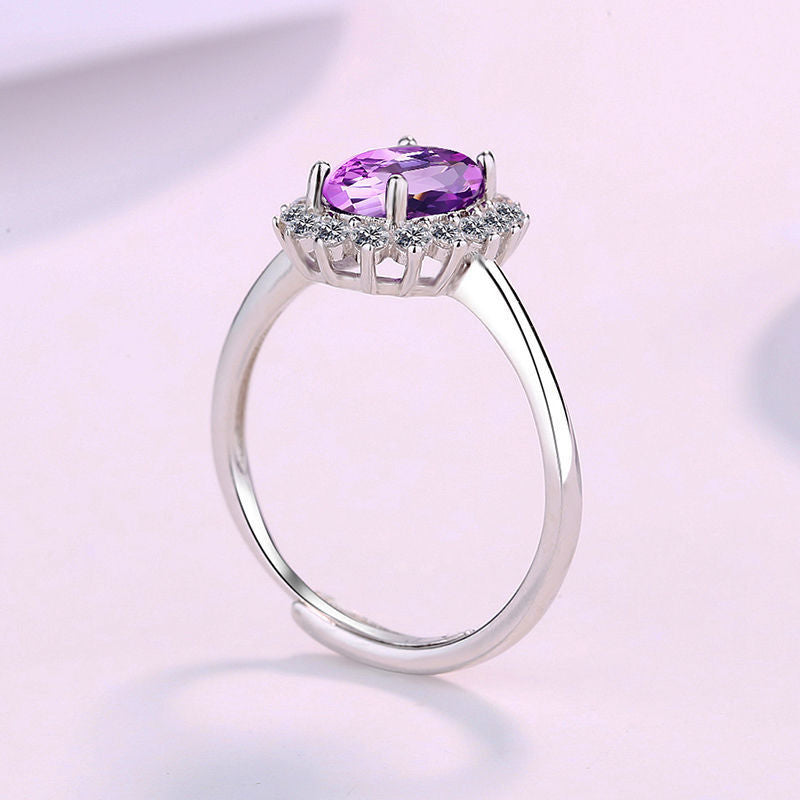 Wholesale s925 Silver Plated Red Blue Yellow Amethyst Zircon Adjustable  Open Ring