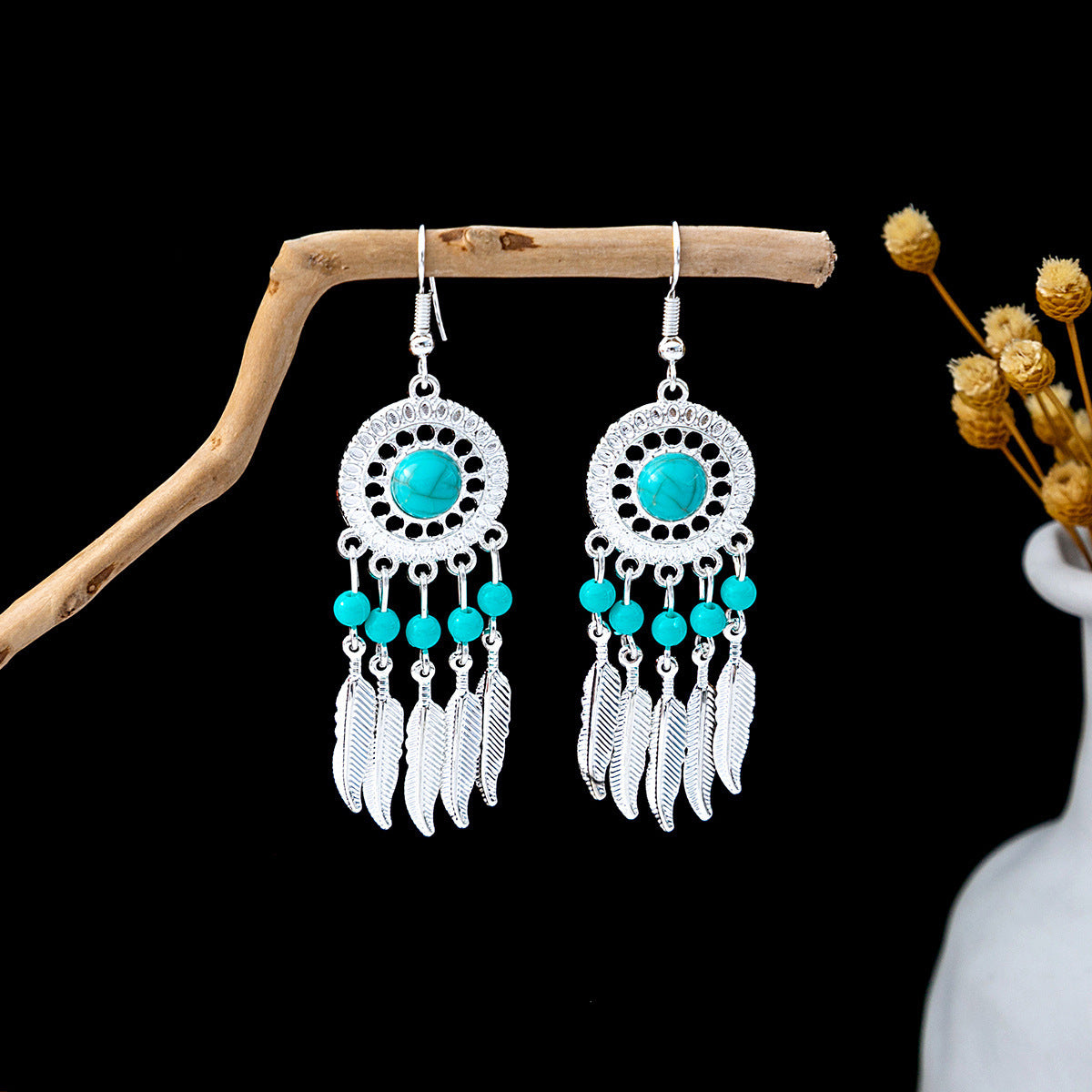Wholesale Retro Ethnic Style Blue Turquoise Hollow Ring Flower Tassel Earrings Jewelry Accessory